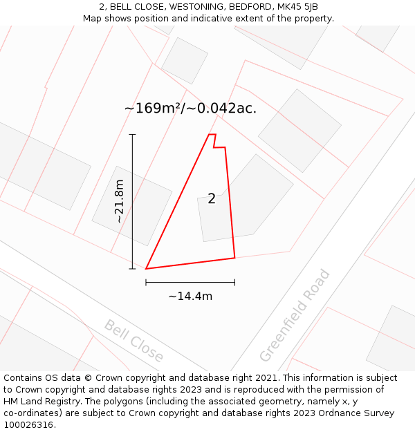 2, BELL CLOSE, WESTONING, BEDFORD, MK45 5JB: Plot and title map