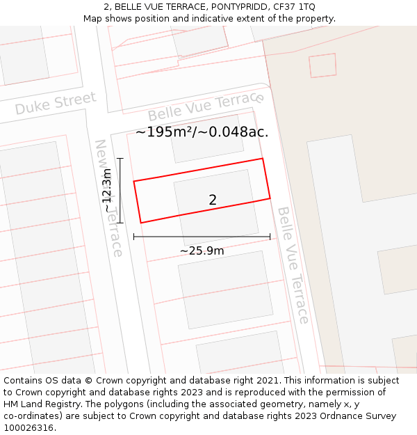 2, BELLE VUE TERRACE, PONTYPRIDD, CF37 1TQ: Plot and title map