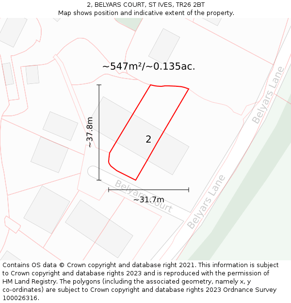2, BELYARS COURT, ST IVES, TR26 2BT: Plot and title map