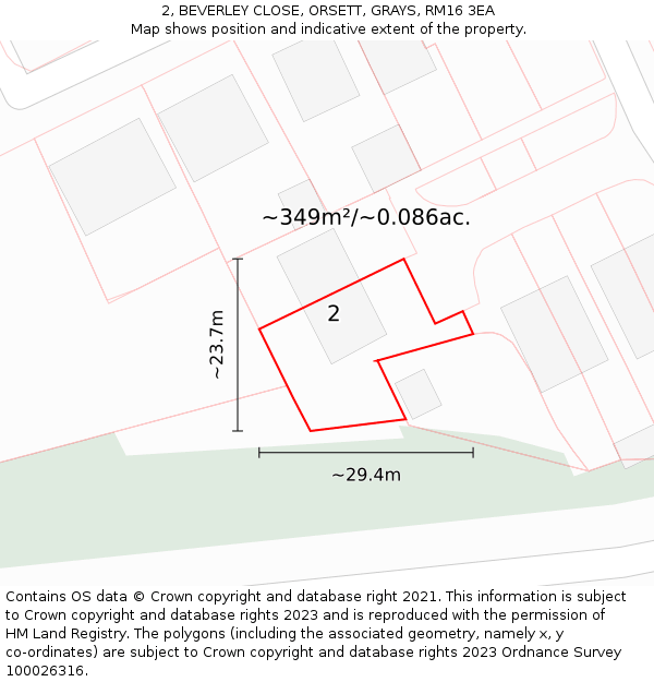 2, BEVERLEY CLOSE, ORSETT, GRAYS, RM16 3EA: Plot and title map