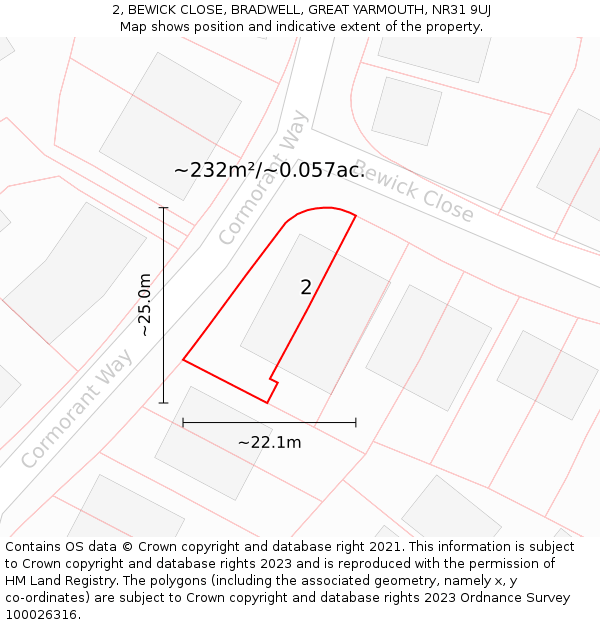 2, BEWICK CLOSE, BRADWELL, GREAT YARMOUTH, NR31 9UJ: Plot and title map