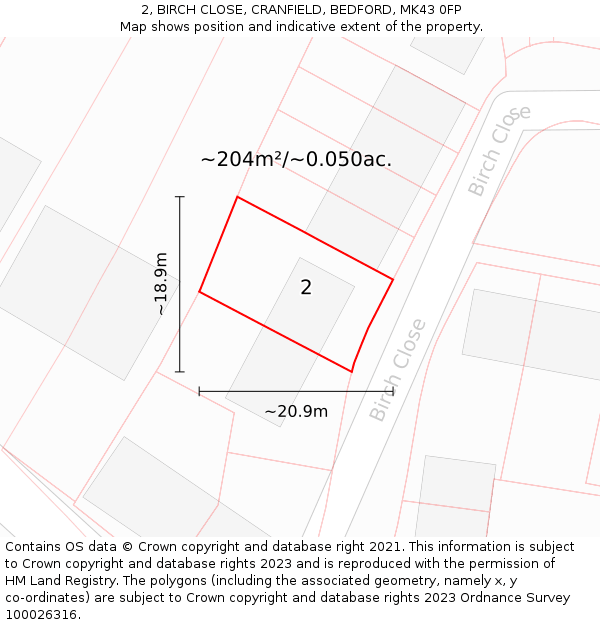 2, BIRCH CLOSE, CRANFIELD, BEDFORD, MK43 0FP: Plot and title map