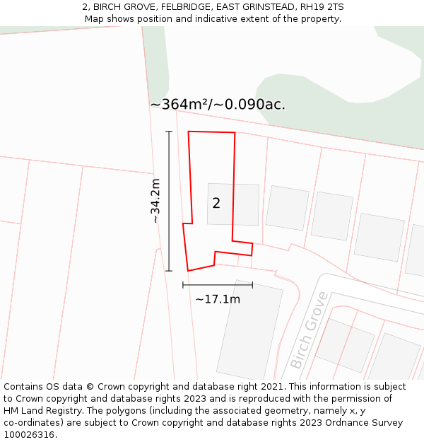 2, BIRCH GROVE, FELBRIDGE, EAST GRINSTEAD, RH19 2TS: Plot and title map
