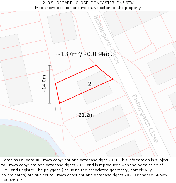 2, BISHOPGARTH CLOSE, DONCASTER, DN5 9TW: Plot and title map