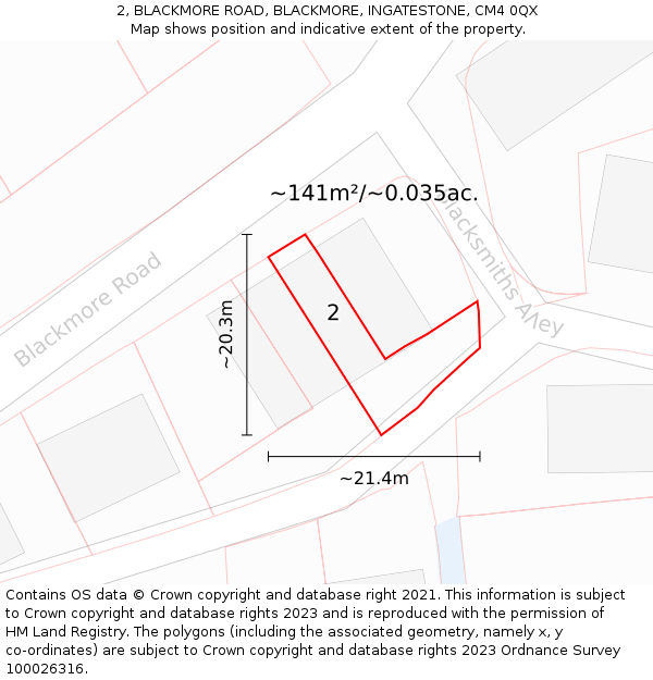 2, BLACKMORE ROAD, BLACKMORE, INGATESTONE, CM4 0QX: Plot and title map