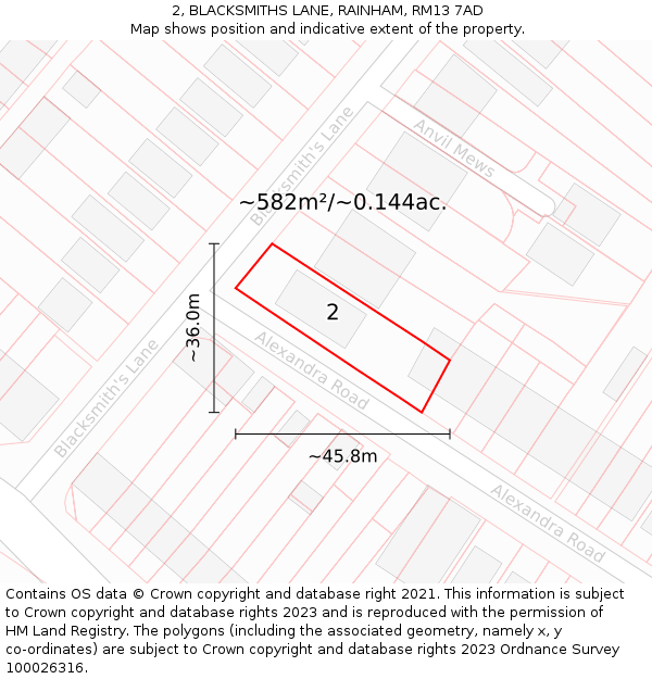 2, BLACKSMITHS LANE, RAINHAM, RM13 7AD: Plot and title map