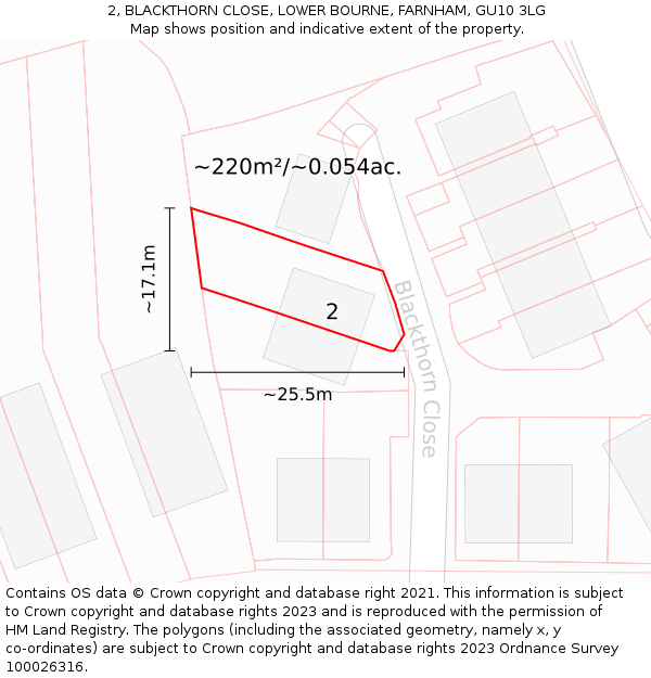 2, BLACKTHORN CLOSE, LOWER BOURNE, FARNHAM, GU10 3LG: Plot and title map