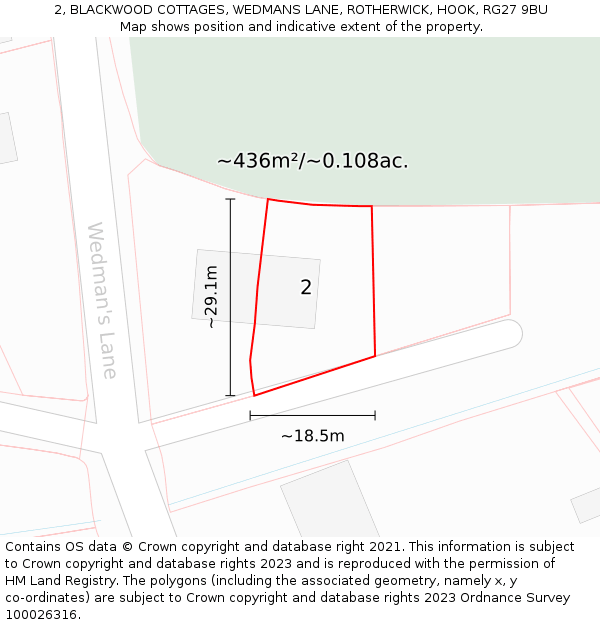 2, BLACKWOOD COTTAGES, WEDMANS LANE, ROTHERWICK, HOOK, RG27 9BU: Plot and title map