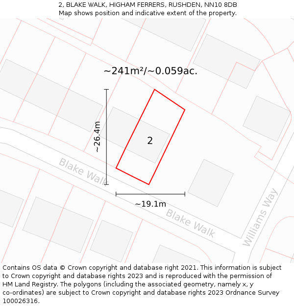 2, BLAKE WALK, HIGHAM FERRERS, RUSHDEN, NN10 8DB: Plot and title map