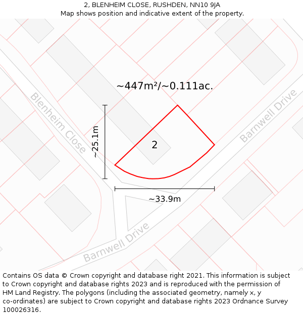 2, BLENHEIM CLOSE, RUSHDEN, NN10 9JA: Plot and title map