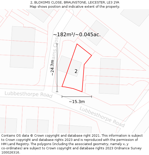 2, BLOXOMS CLOSE, BRAUNSTONE, LEICESTER, LE3 2YA: Plot and title map