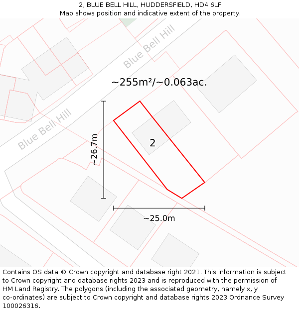 2, BLUE BELL HILL, HUDDERSFIELD, HD4 6LF: Plot and title map