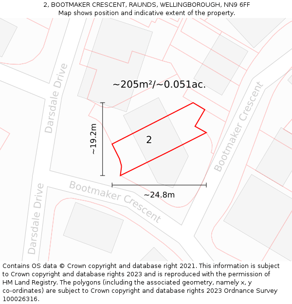 2, BOOTMAKER CRESCENT, RAUNDS, WELLINGBOROUGH, NN9 6FF: Plot and title map