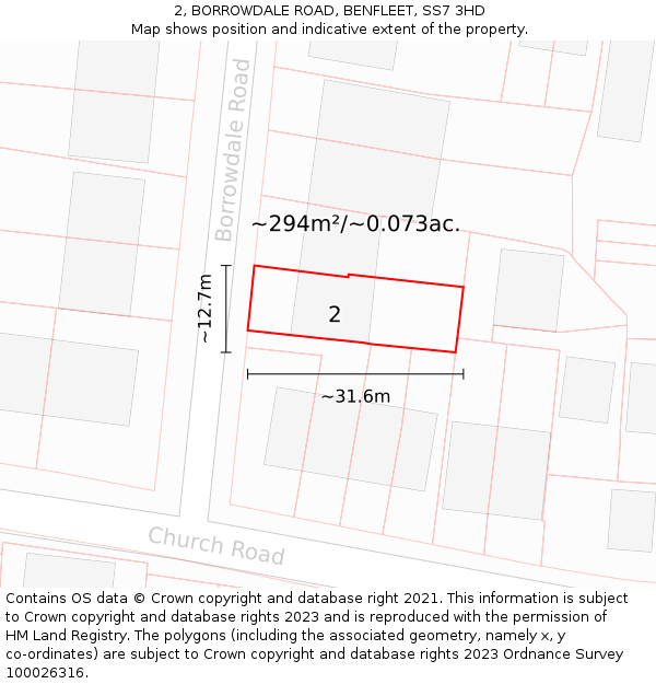2, BORROWDALE ROAD, BENFLEET, SS7 3HD: Plot and title map