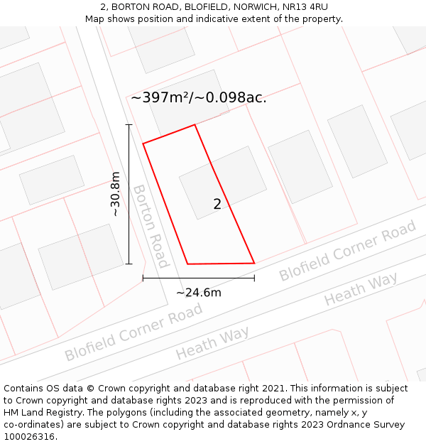 2, BORTON ROAD, BLOFIELD, NORWICH, NR13 4RU: Plot and title map
