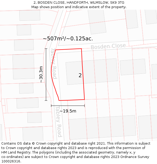 2, BOSDEN CLOSE, HANDFORTH, WILMSLOW, SK9 3TG: Plot and title map