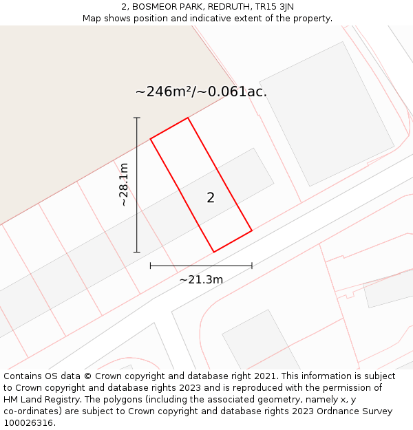 2, BOSMEOR PARK, REDRUTH, TR15 3JN: Plot and title map