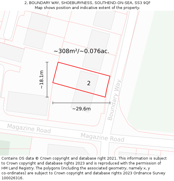 2, BOUNDARY WAY, SHOEBURYNESS, SOUTHEND-ON-SEA, SS3 9QF: Plot and title map