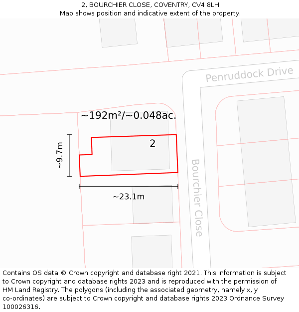 2, BOURCHIER CLOSE, COVENTRY, CV4 8LH: Plot and title map