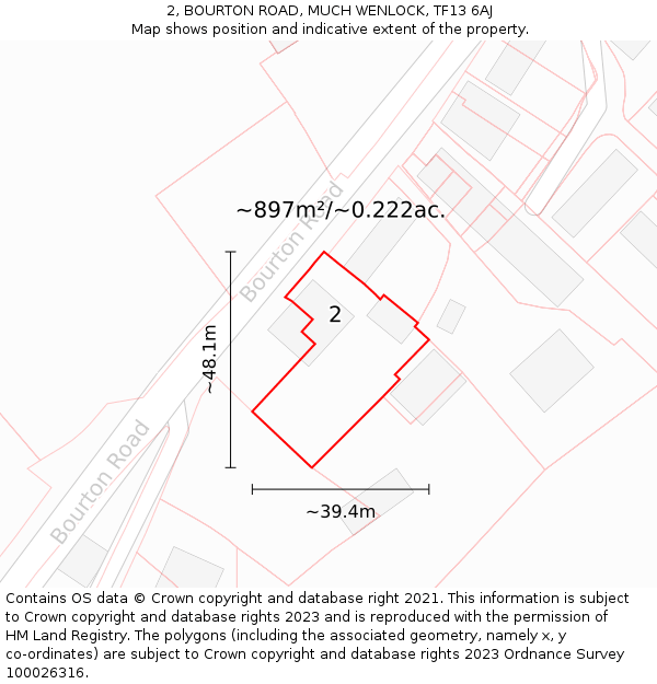 2, BOURTON ROAD, MUCH WENLOCK, TF13 6AJ: Plot and title map