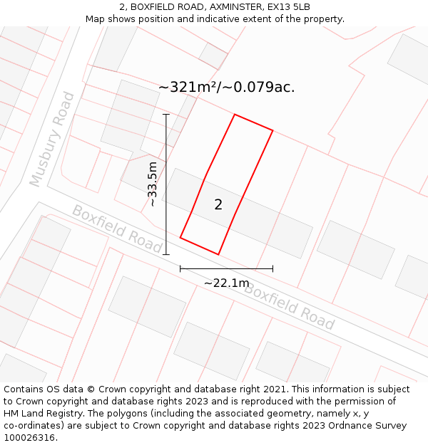2, BOXFIELD ROAD, AXMINSTER, EX13 5LB: Plot and title map
