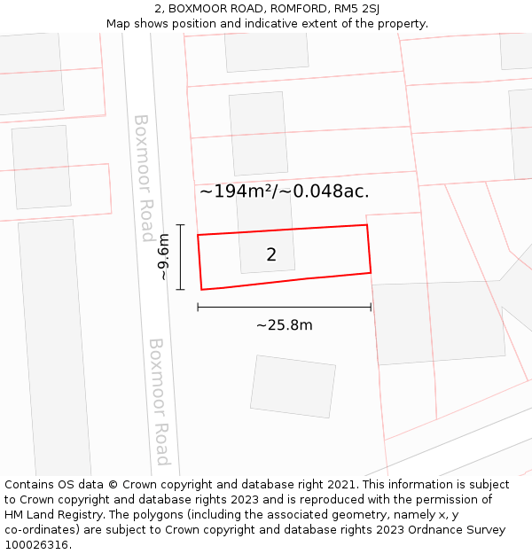 2, BOXMOOR ROAD, ROMFORD, RM5 2SJ: Plot and title map