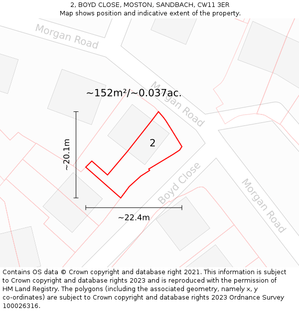 2, BOYD CLOSE, MOSTON, SANDBACH, CW11 3ER: Plot and title map