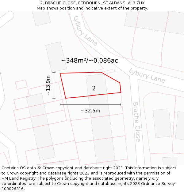 2, BRACHE CLOSE, REDBOURN, ST ALBANS, AL3 7HX: Plot and title map