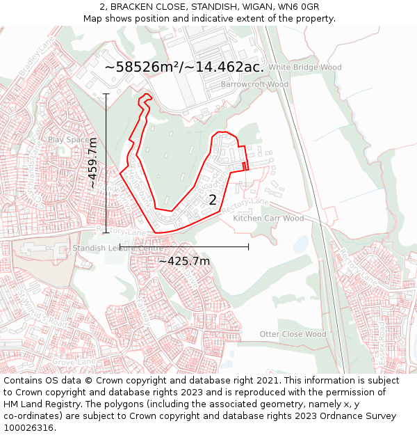 2, BRACKEN CLOSE, STANDISH, WIGAN, WN6 0GR: Plot and title map