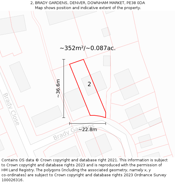 2, BRADY GARDENS, DENVER, DOWNHAM MARKET, PE38 0DA: Plot and title map