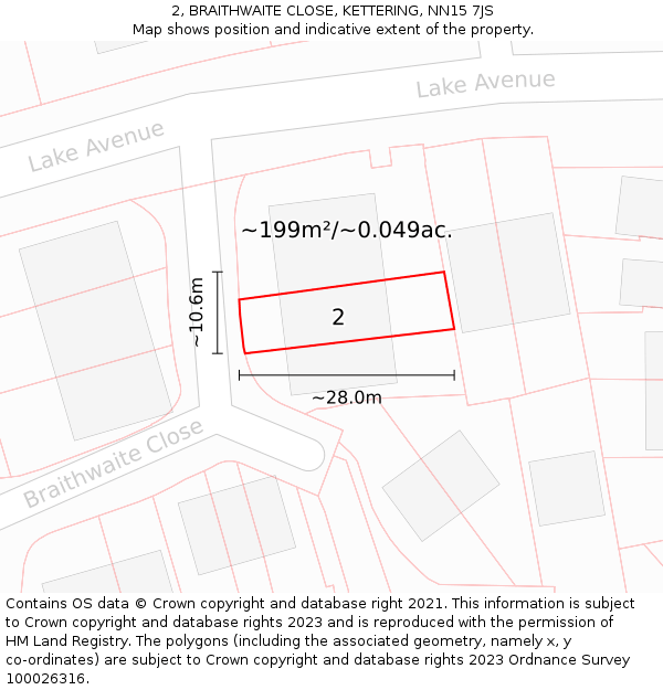 2, BRAITHWAITE CLOSE, KETTERING, NN15 7JS: Plot and title map