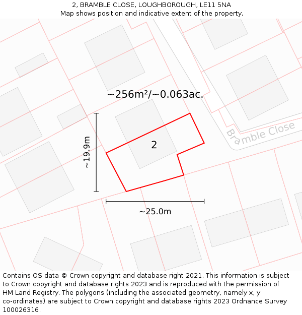 2, BRAMBLE CLOSE, LOUGHBOROUGH, LE11 5NA: Plot and title map