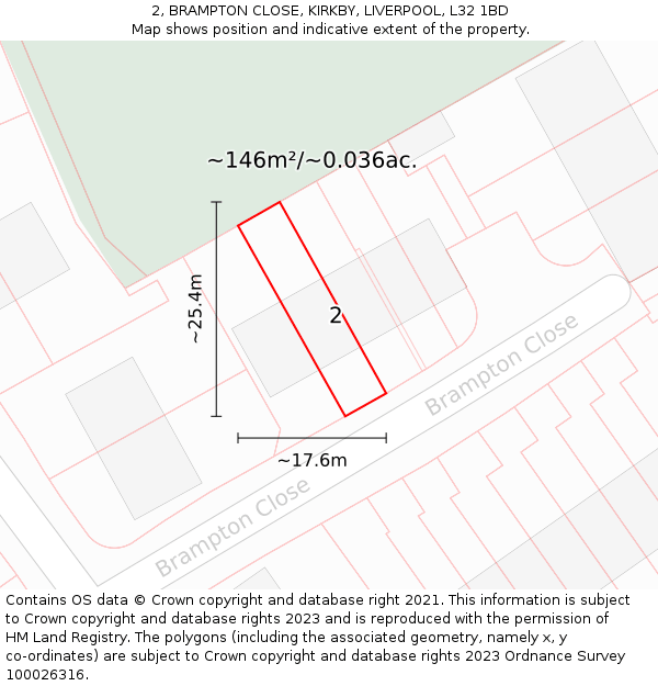 2, BRAMPTON CLOSE, KIRKBY, LIVERPOOL, L32 1BD: Plot and title map