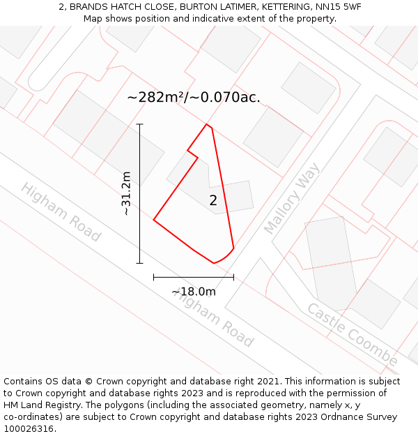 2, BRANDS HATCH CLOSE, BURTON LATIMER, KETTERING, NN15 5WF: Plot and title map