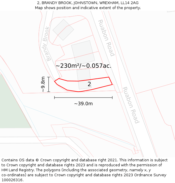 2, BRANDY BROOK, JOHNSTOWN, WREXHAM, LL14 2AG: Plot and title map