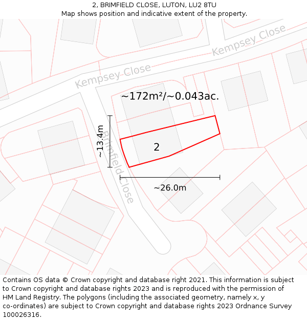 2, BRIMFIELD CLOSE, LUTON, LU2 8TU: Plot and title map