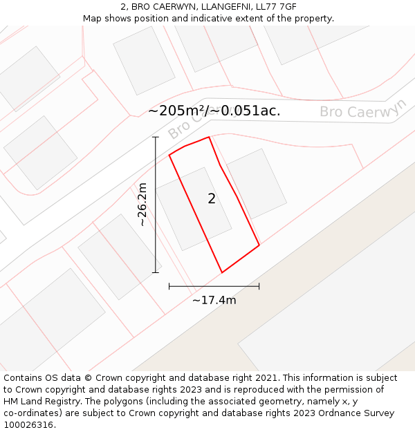 2, BRO CAERWYN, LLANGEFNI, LL77 7GF: Plot and title map