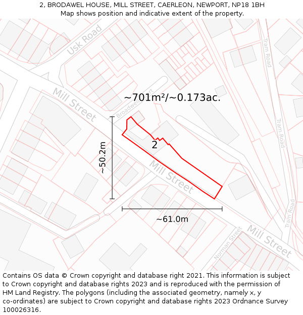 2, BRODAWEL HOUSE, MILL STREET, CAERLEON, NEWPORT, NP18 1BH: Plot and title map