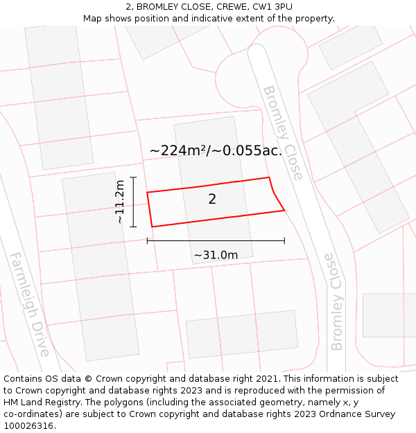 2, BROMLEY CLOSE, CREWE, CW1 3PU: Plot and title map