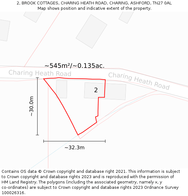 2, BROOK COTTAGES, CHARING HEATH ROAD, CHARING, ASHFORD, TN27 0AL: Plot and title map