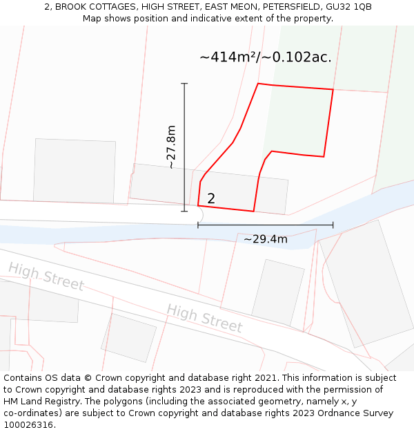 2, BROOK COTTAGES, HIGH STREET, EAST MEON, PETERSFIELD, GU32 1QB: Plot and title map