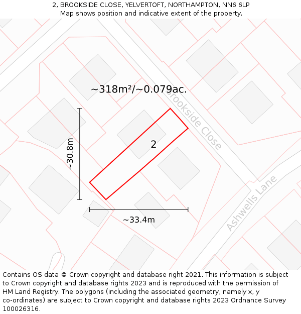 2, BROOKSIDE CLOSE, YELVERTOFT, NORTHAMPTON, NN6 6LP: Plot and title map
