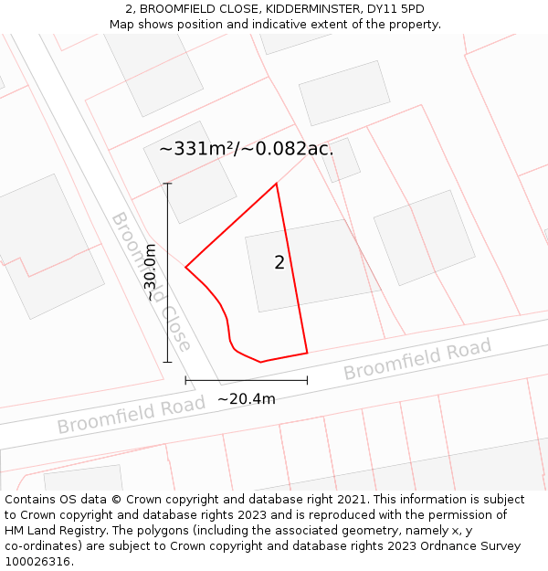 2, BROOMFIELD CLOSE, KIDDERMINSTER, DY11 5PD: Plot and title map