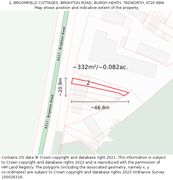 2, BROOMFIELD COTTAGES, BRIGHTON ROAD, BURGH HEATH, TADWORTH, KT20 6BW: Plot and title map