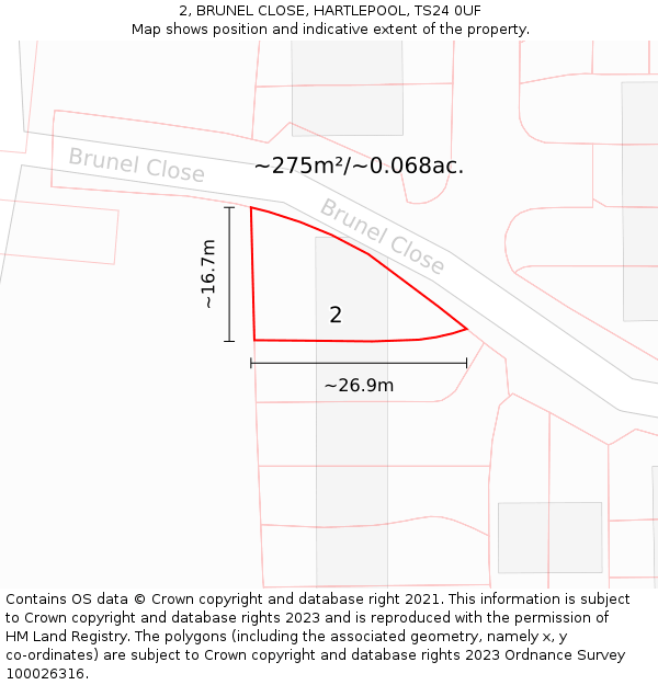 2, BRUNEL CLOSE, HARTLEPOOL, TS24 0UF: Plot and title map