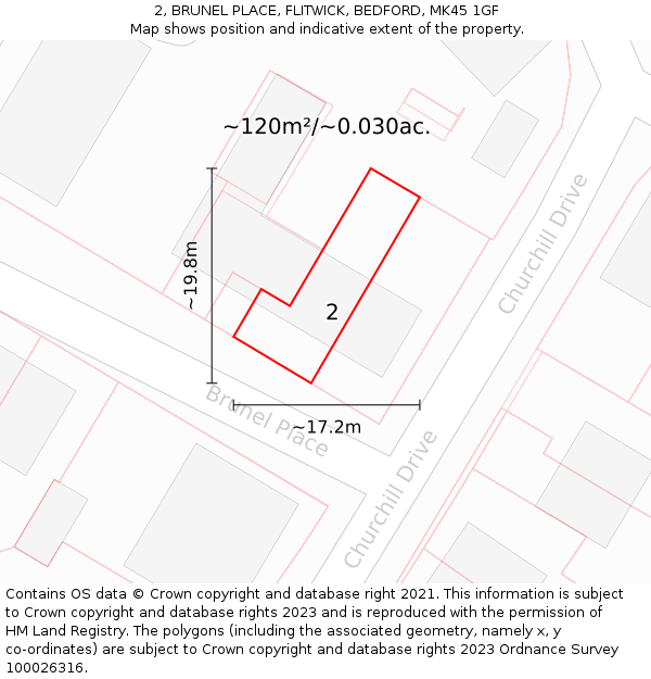 2, BRUNEL PLACE, FLITWICK, BEDFORD, MK45 1GF: Plot and title map