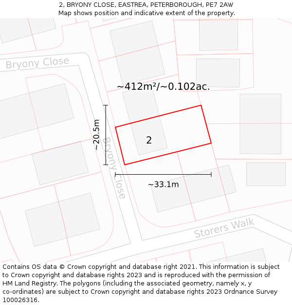 2, BRYONY CLOSE, EASTREA, PETERBOROUGH, PE7 2AW: Plot and title map