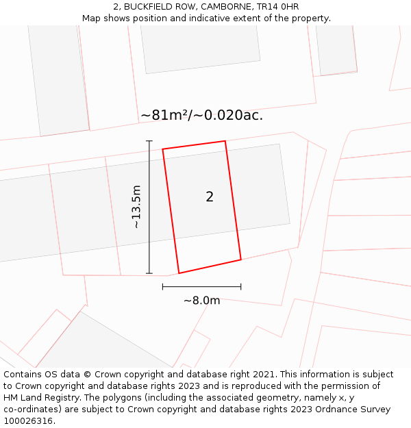 2, BUCKFIELD ROW, CAMBORNE, TR14 0HR: Plot and title map