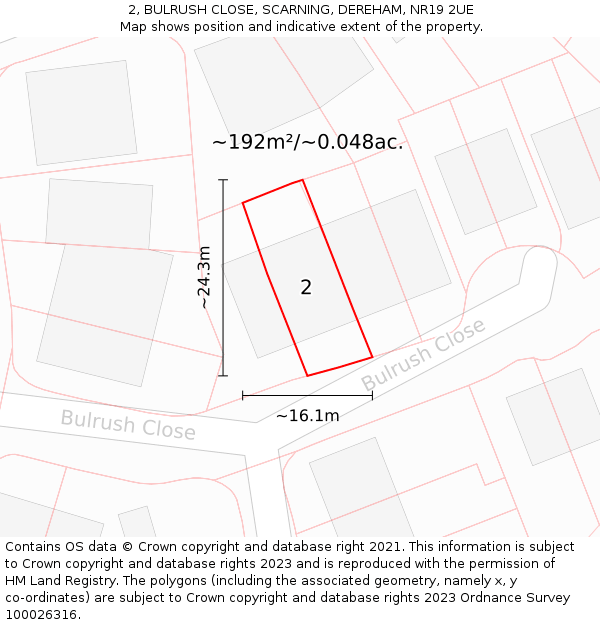 2, BULRUSH CLOSE, SCARNING, DEREHAM, NR19 2UE: Plot and title map