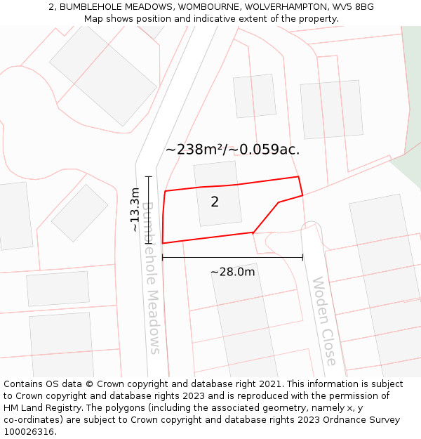 2, BUMBLEHOLE MEADOWS, WOMBOURNE, WOLVERHAMPTON, WV5 8BG: Plot and title map